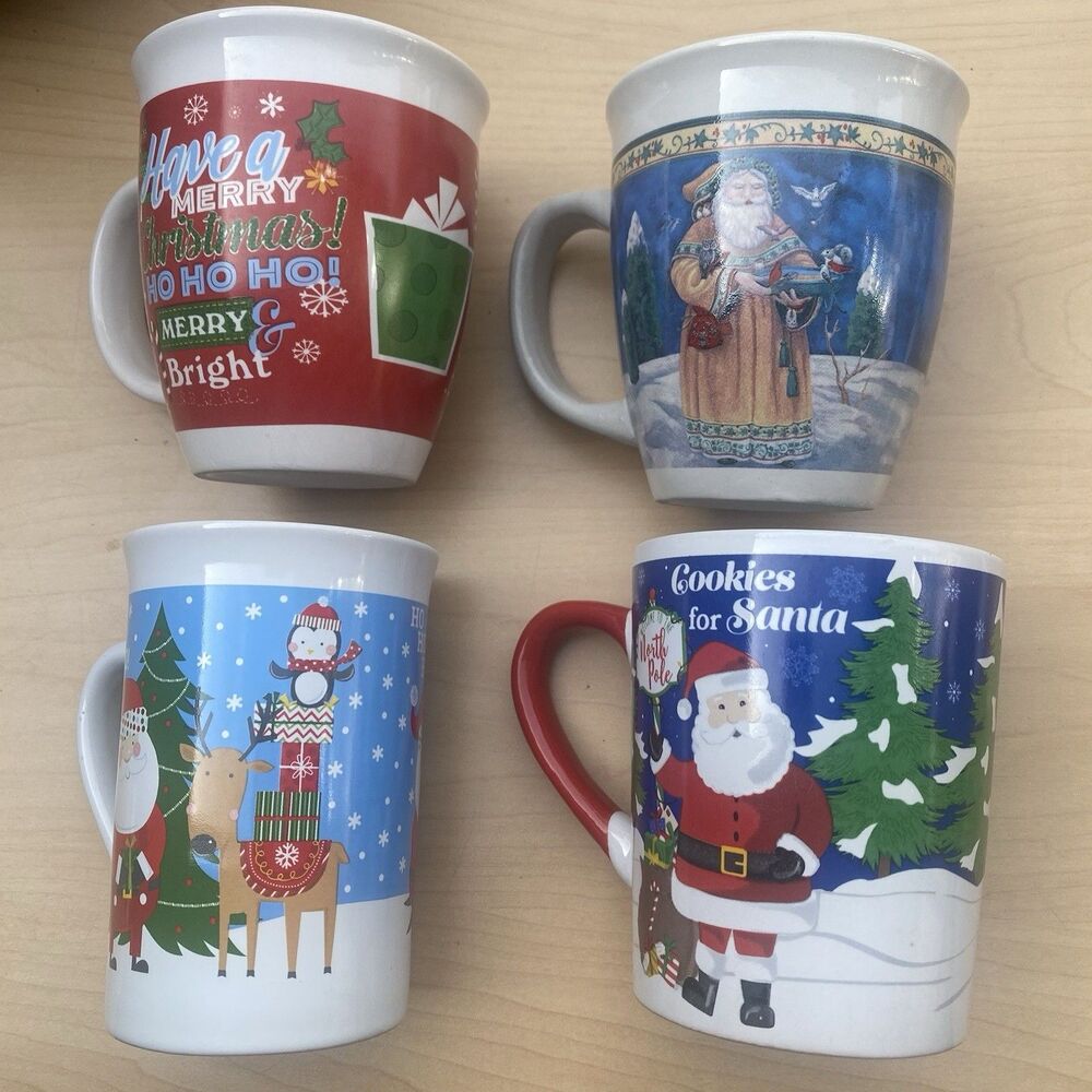 4 Royal Norfolk Mugs Reindeer & Father Christmas Santa Cookies Milk Merry Bright